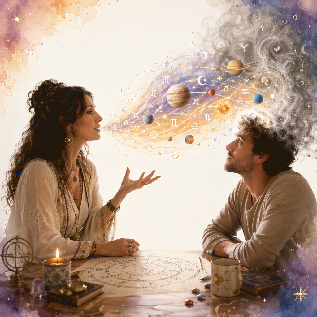 Une astrologue partage son énergie avec un client — Institut Sylvain Mercure
